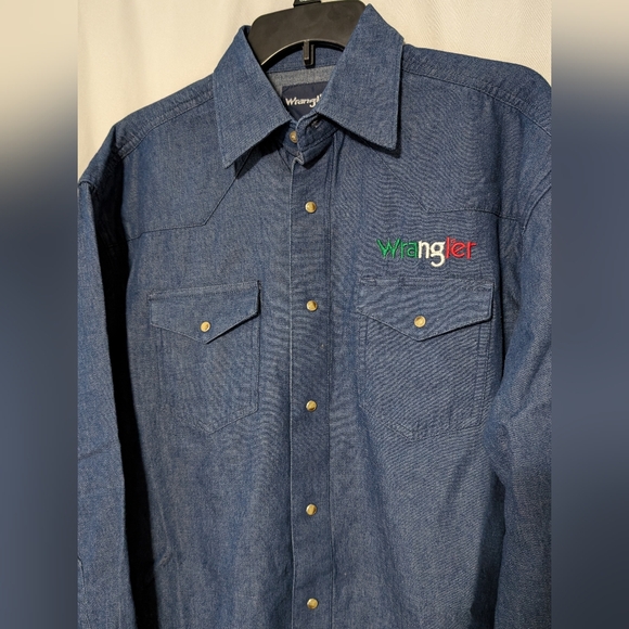 NWT Wrangler Mexican Flag Western Snap Button Indigo Denim Shirt Size Medium - Picture 7 of 11